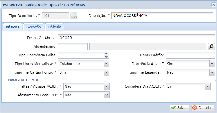 Tipos de Ocorrências - Básicos Tipos de Ocorrências