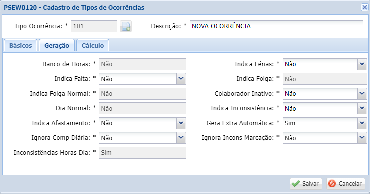 Tipos de Ocorrências - Geração Tipos de Ocorrências