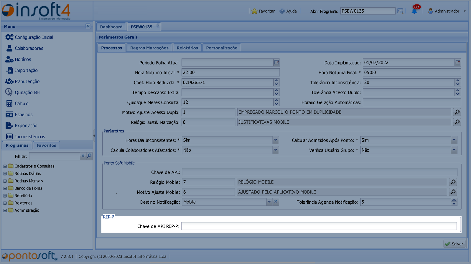 Definição Chave da API REP-P na tela de Parâmetros Gerais do Sistema