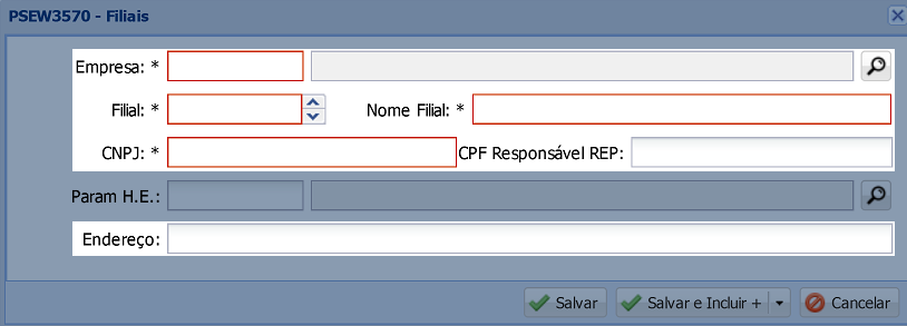 Dados necessários no cadastro da Filial