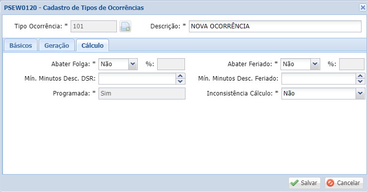 Tipos de Ocorrências - Cálculo Tipos de Ocorrências