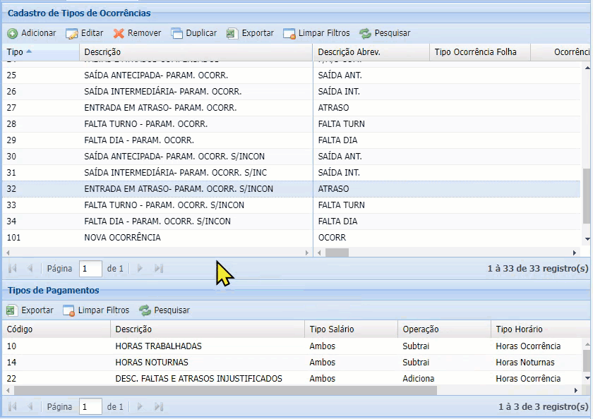 Tipos de Ocorrências - Pagamentos e Descontos Tipos de Ocorrências