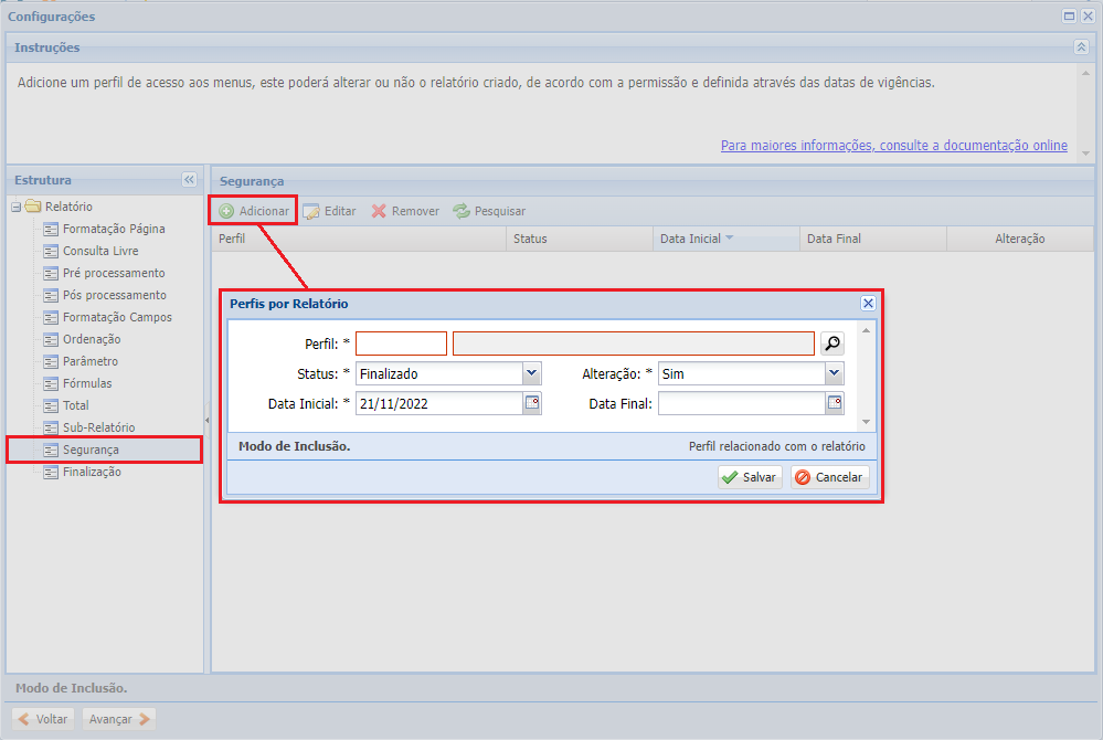 Configurações do Cadastro do Relatório criando-relatorio12