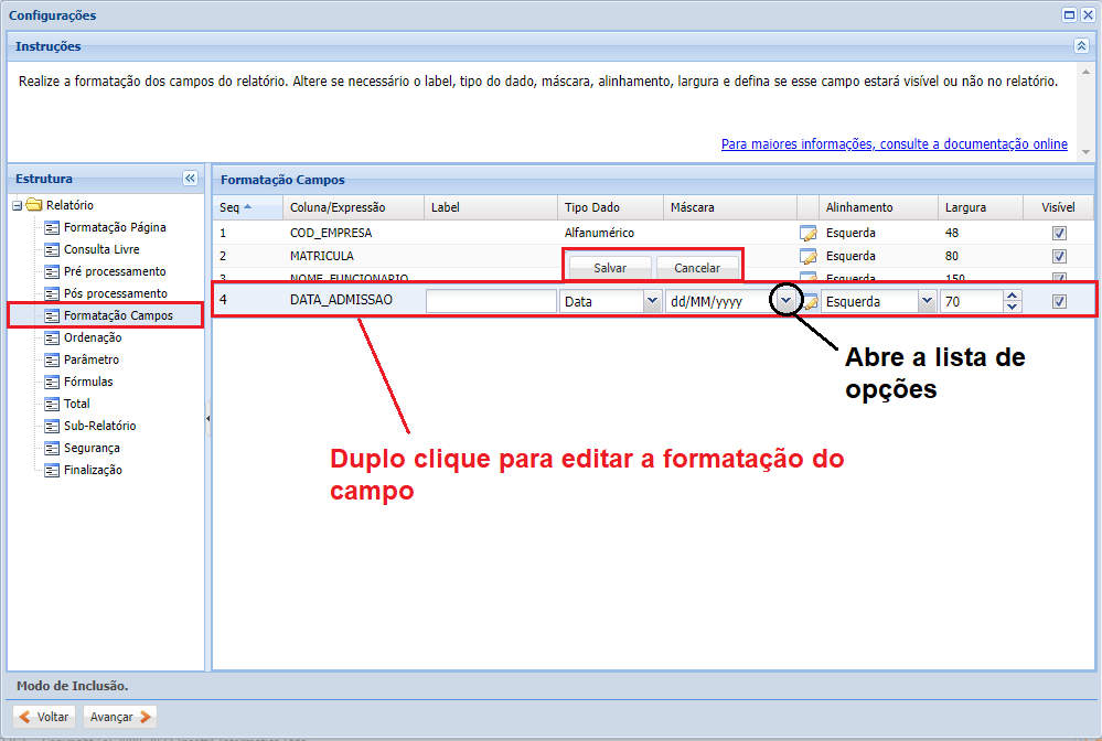 Configurações do Cadastro do Relatório criando-relatorio7